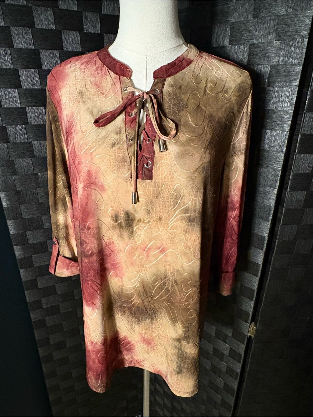 Cocomo Boho Fairy Grunge Tie Dye Top Lace Up Keyhole Peasant Tunic Blouse